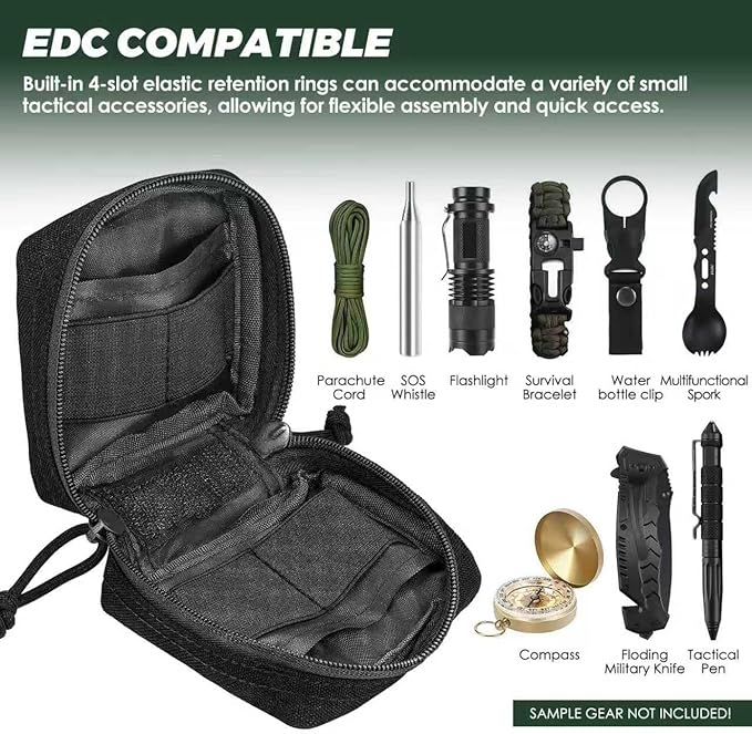 2 Pack Mini Tactical EDC Molle Pouch with 4 D-Rings, Compact Utility Belt Pouches Organizer with Removable Clear ID Pocket for Enhanced Gear Attachment (4x4 GP Pouch)