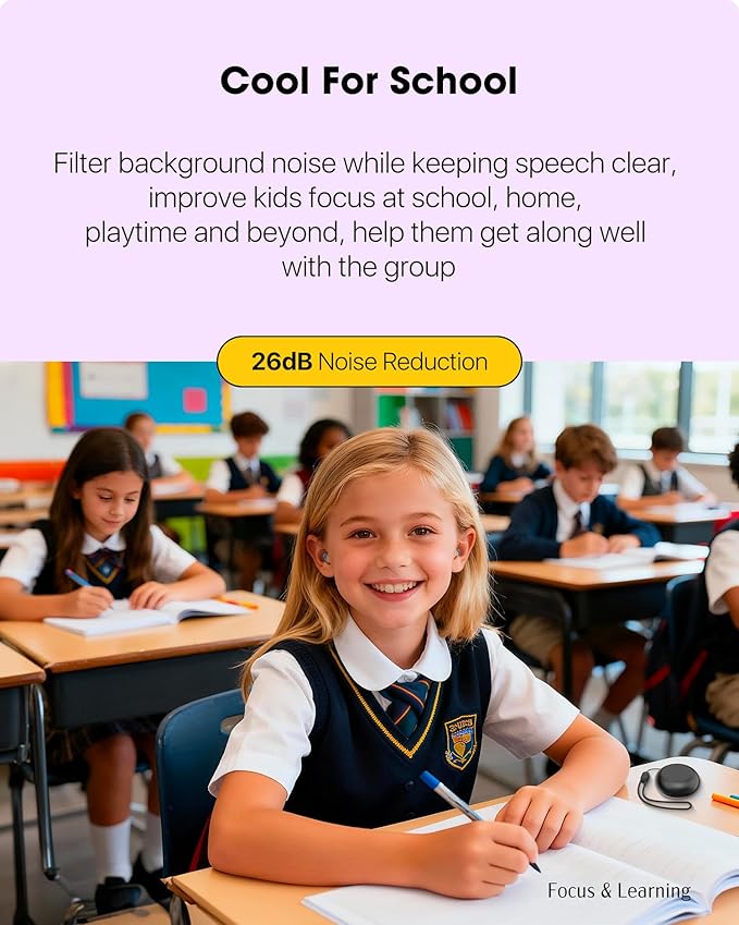 Kids Noise Reduction Ear Plugs(6+yrs) – Reusable Child Ear Protection for Sensitive Ears, Comfortable Earplugs for School, Travel, Focus, Concert, Sleep & Loud Events, 26dB Hearing Protection, 1Pair