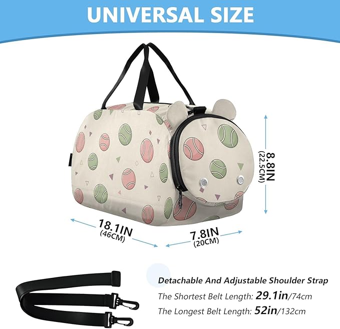 Tennis Balls Print Kids Sports Duffle Bag for Boys Girls Toddler Weekender Overnight Bag with Shoe Compartment & Wet Pocket Travel Foldable Bag for Gym Sport Dance Travel
