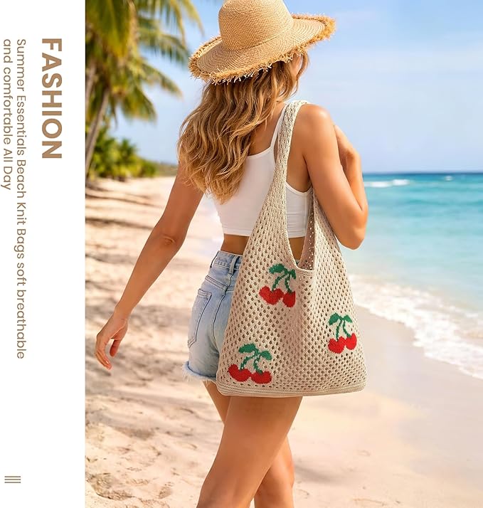 SUOSDEY Crochet Mesh Beach Tote Bag, Knit Summer Vacation Aesthetic Boho Tote Bag for Women