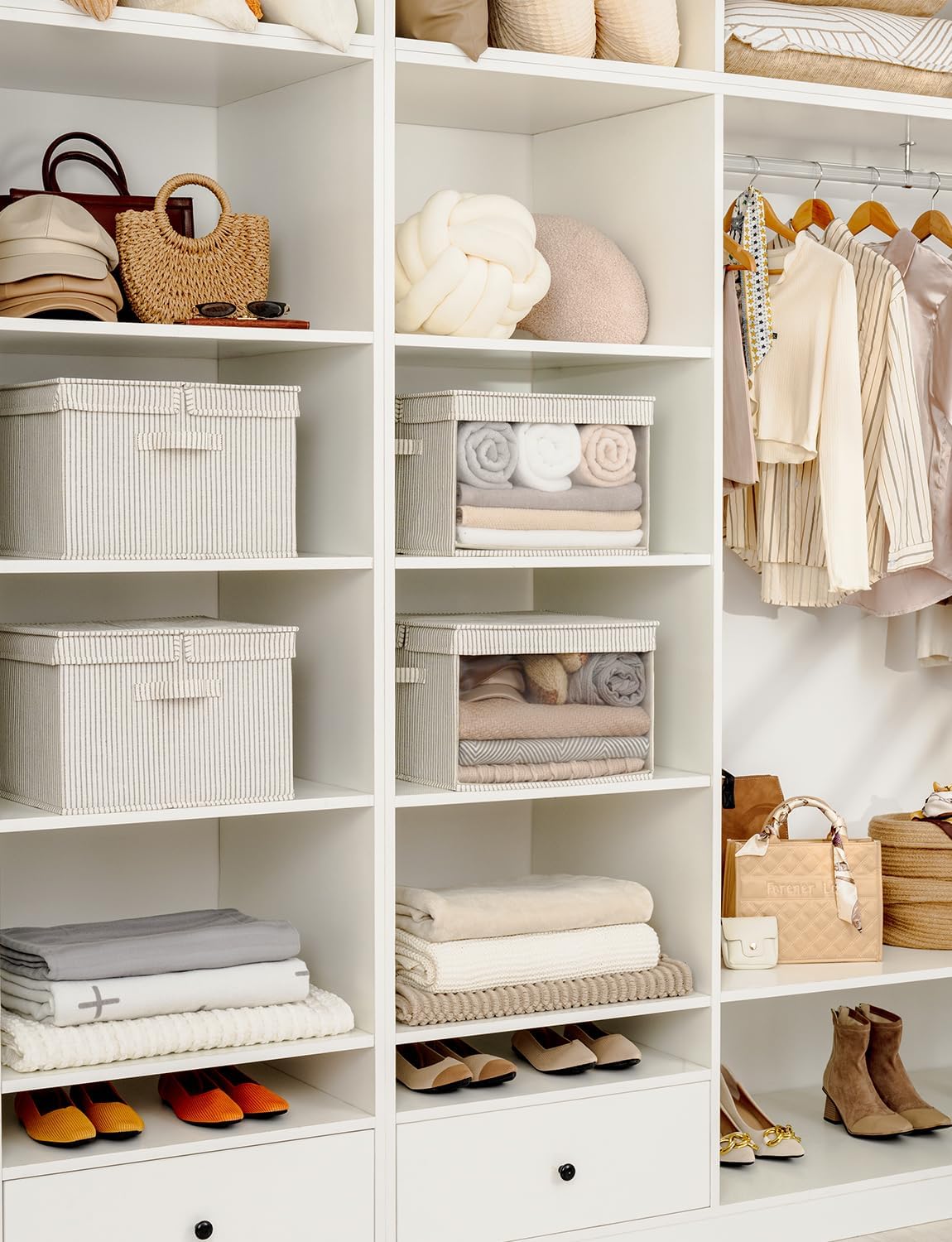 StorageWorks Storage Bins with Lid and Clear Window, Fabric Storage Boxes with Lids, Stackable Basket for Shelves, Closet Organizer and Storage Bins, Khaki and Beige Stripes, Jumbo, 4-Pack