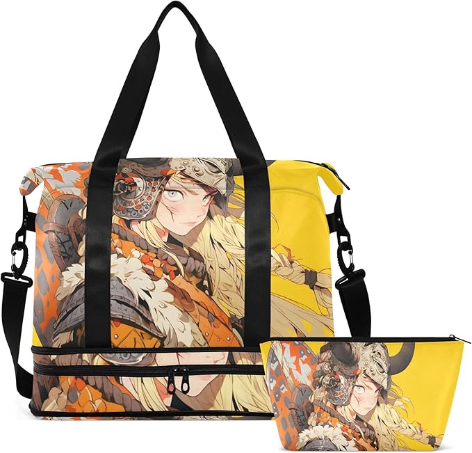 Anime Warrior Woman Print Gym Bag Duffel Bags Weekender Overnight Bag Set with Shoes Compartment for Travel Sports Yoga