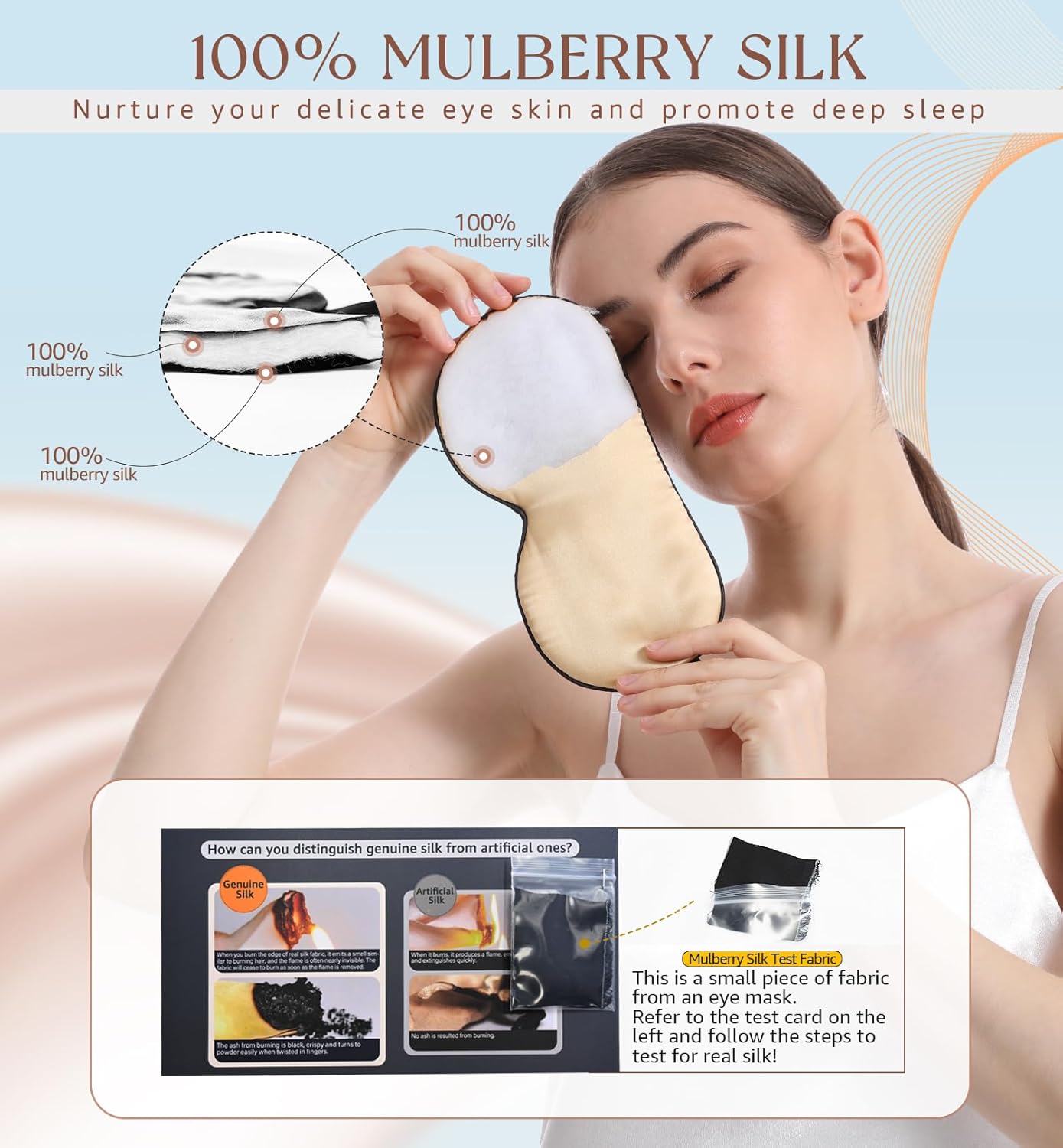 HiRui Silk Sleep Mask, 100% Natural Mulberry Silk of Double-Sided & Inner-Filling, Ultra-Smooth Soft, Adjustable Strap, Blocks Light for Night Sleeping, Travel, Office Naps (Champagne)