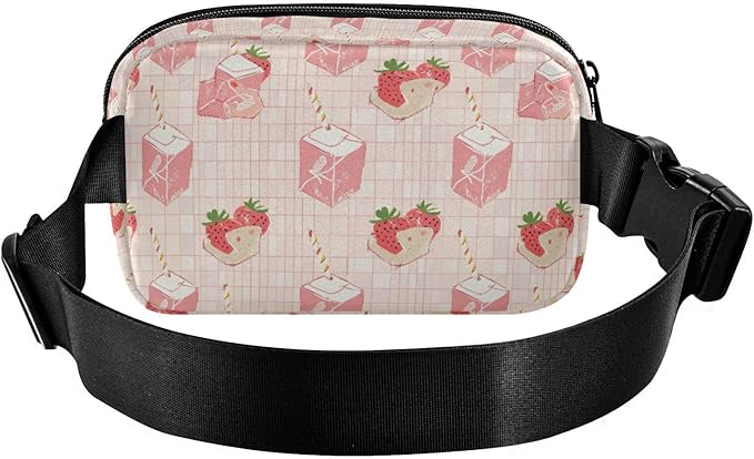 Kawaii Strawberry Milk Fanny Pack for Women Men Water Resistant Fashion Waist Packs with Adjustable Strap Belt Bag for Travel Workout Jogging Hiking 21219050