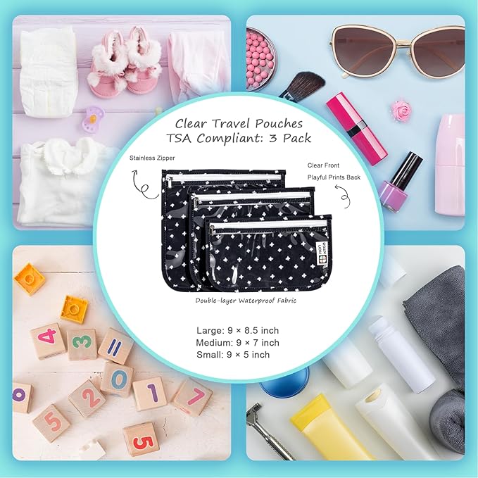 TSA Approved Toiletry Bag, Set of 3 Clear Travel Toiletry Bag Quart Size Zipper Travel Pouch, Waterproof Makeup Cosmetic Bag for Women Men Kids Toiletries Carry on, PlusXX