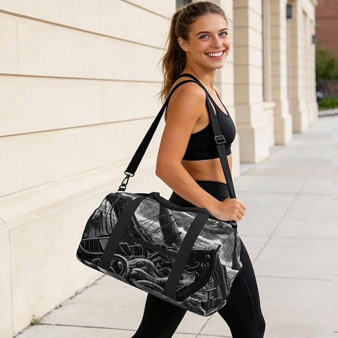 Sports Gym Bag Octopus Pirate Ship Travel Duffel Bag With Shoe Compartment Shoulder Strap, Lightweight Water-Resistant Weekend Overnight Totes For Women Men