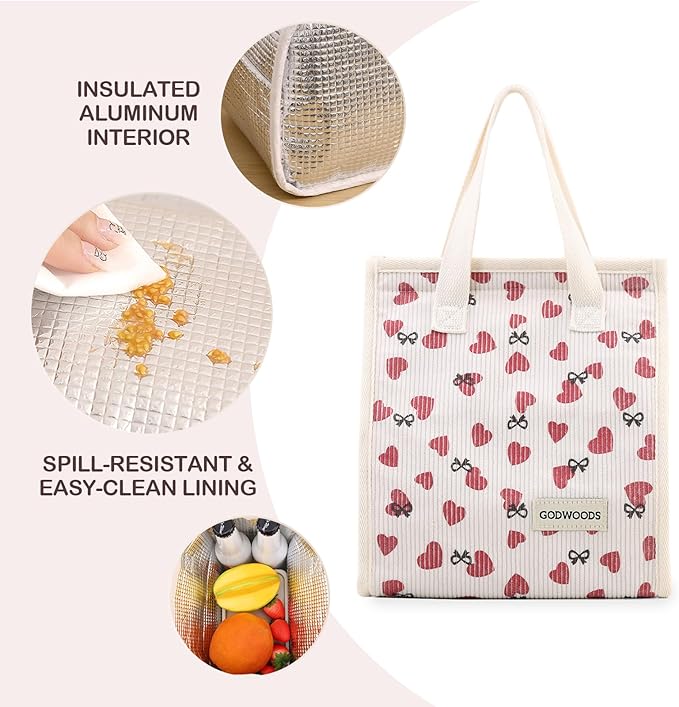 TELLUMO Corduroy Lunch Bag for Women Men Cute Lunch Bag Insulated Lunch Box with Large Capacity (7.5L) Reusable Lunchbag for Work, Picnic, Beach or Travel (S- Corduroy Love)