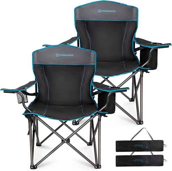 FUNDANGO Oversized Camp Chair, 2 Pack,550lbs Heavy Duty Portable Foldable Lawn Chair with Padded Lumbar Support Seat & Back, 4-can Cooler & Cup Holder, Carry Bag Included for Outdoor (Black/Grey)