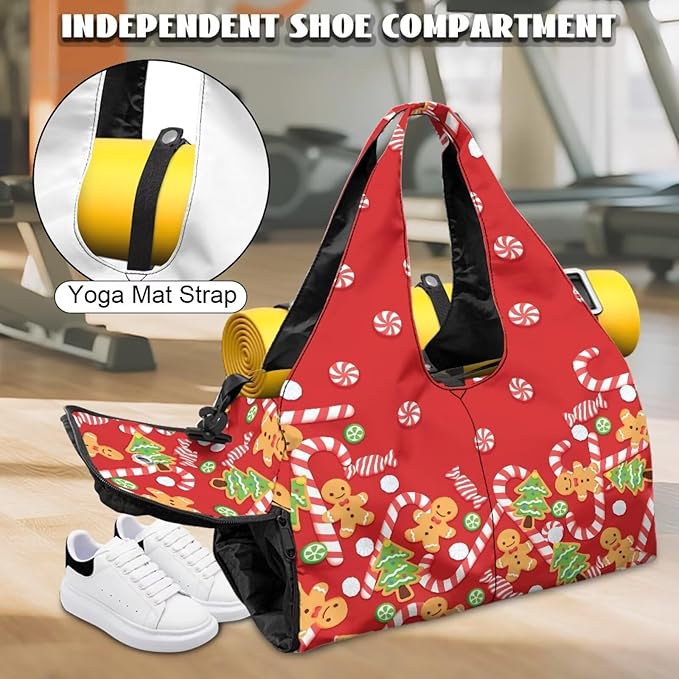 Christmas Candy Cane Gingerbread Women Duffle Bag for Travel Carry On Gym Bag with Shoes Compartment & Yoga Mat Strap Sports Camping Overnight Weekender Bags for Christmas Outfits
