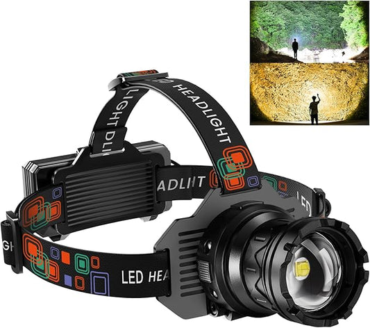 Rechargeable Headlamp Super Bright, Dual Color White & Warm Light Head Lamp, High Lumens Zoomable Head Light, 90° Adjustable, IPX7 Waterproof Head Torch for Camping Hiking Fishing Work