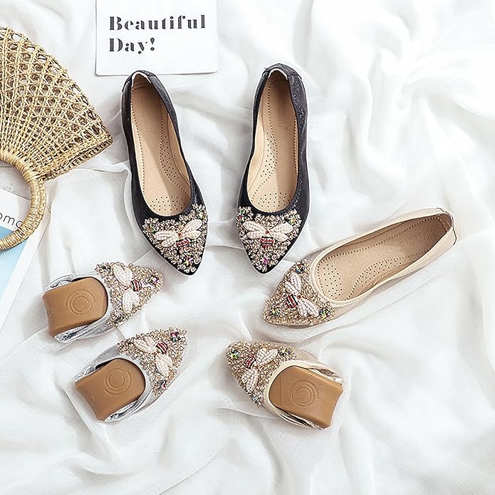 Women Ballet Flats Sparkly Rhinestone Wedding Ballerina Shoes Pointed Toe Foldable Comfort Slip on Flat Dress Shoes