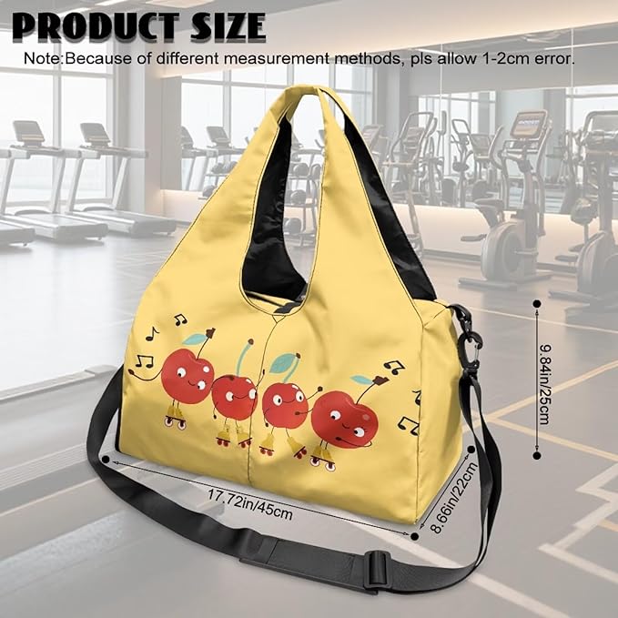 Cute Cherry Print Duffel Bag Women that Holds Yoga Mat and Shoe Compartment Portable Lightweight Waterproof Yellow Gym Bag, Fitness Workout Stylish Workout Bag
