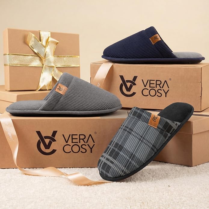 VeraCosy Men's Corduroy Scuff Slippers Soft Comfy Memory Foam Non-slip Indoor House Shoes