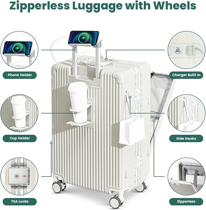 20 Inch Aluminum Frame Carry On Luggage with Front Pocket, USB Port, Phone Holder & Cup Holder, Hard Shell Spinner Suitcase for Airplane Travel, White
