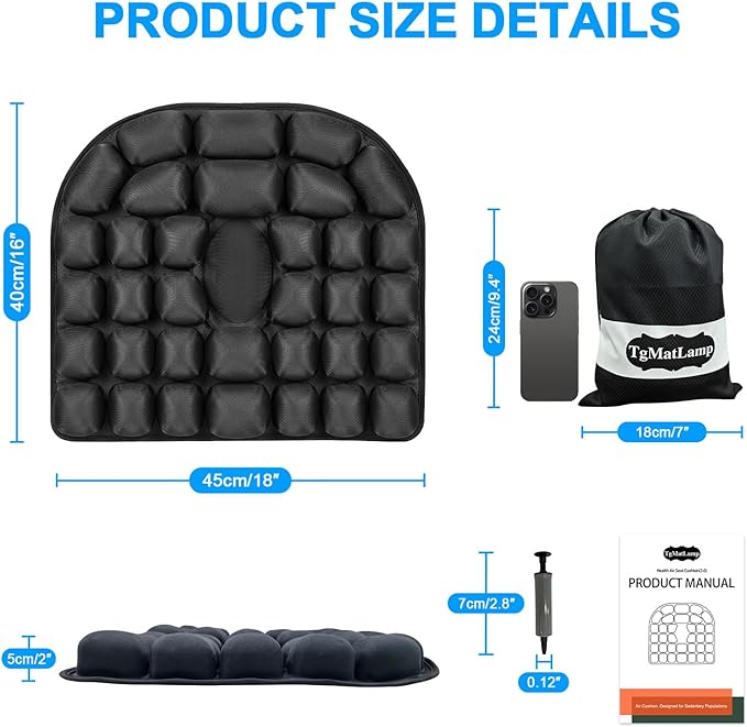 Travel Seat Cushion, Comfortable 3D Inflatable Seat Cushion for Hemorrhoid and Tailbone Pain Relief, Optimal Support for Long Sitting in Car, Air Travel, Office Chairs Etc (Black, 16" x18")
