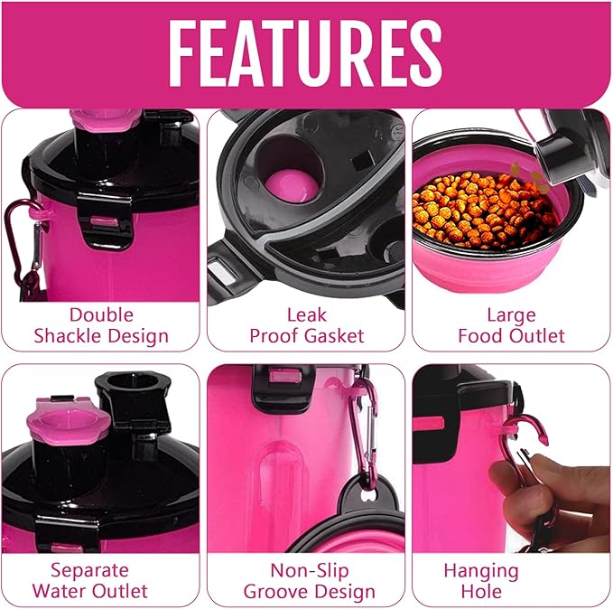 Dog Travel Water Bottle W/Collapsible Bowls - Portable 2 in 1 Leakproof Pet Water Bottle Food Container Ideal for Travel, Outdoor Portable Water Bowls for Walking, Camping & Hiking - (Pink)