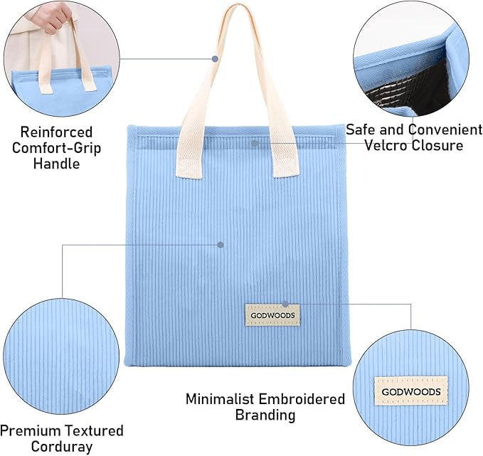 TELLUMO Corduroy Lunch Bag for Women Men Cute Lunch Bag Insulated Lunch Box with Large Capacity (7.5L) Reusable Lunchbag for Work, Picnic, Beach or Travel (S- Corduroy Blue)