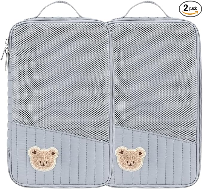 MOMIGO Baby Diaper Bag Organizer Pouches - 2 Pack Waterproof Pod Hanging Diaper Bag Cute Rabbit Bear Mesh Bag Reusable, Washable or Baby Cloth Diapers (Blue)