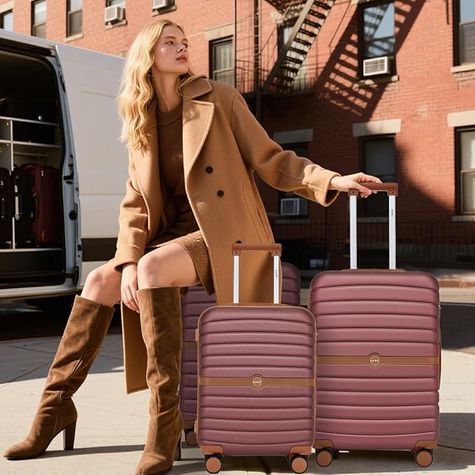 Kono Expandable Carry On Luggage 22x14x9 Airline Approved with Spinner Wheels, 20 Inch Durable & Impact-Resistant PC+ABS Hardshell Rolling Suitcase Travel Luggage with Lock, Burgundy/Brown