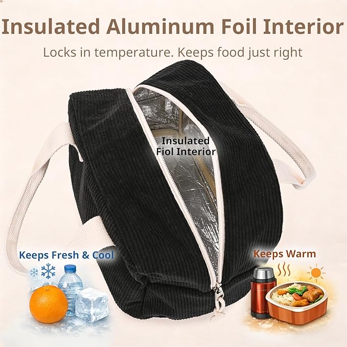Insulated Lunch Bag for Women Men, Stylish Corduroy Tote Bag with Aluminum Lining, Large Capacity Reusable Cooler for Work, Travel, or Beach, Lunch Box