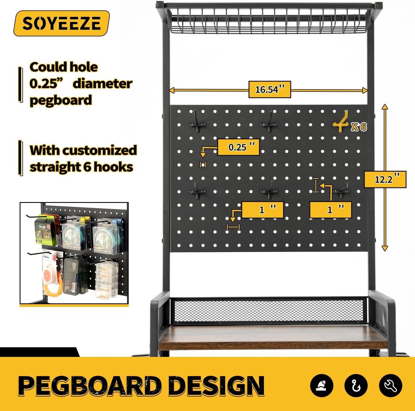 SOYEEZE Fishing Rod Holders for Garage,Fishing Gear Holder for Fishing Rod Tackle Box Storage，Fishing Pole Holders for 12 Rods with Hooks and Pegboard,Fishing Cart with Reel Rack