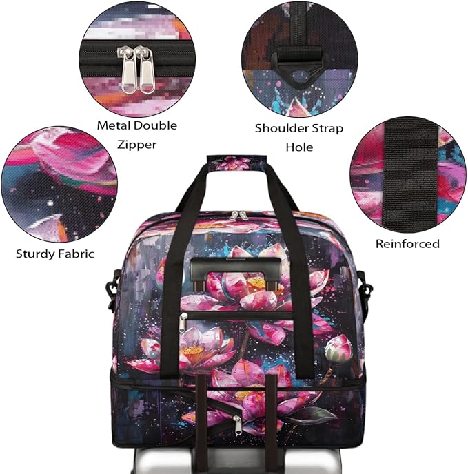 Pink Oil Painting Lotus Large Weekender Bag with Shoe Compartment Travel Duffel Bags for Women Carry On Hospital Overnight Bag Foldable Personal Item Travel Bags Tote Gym Sports Airplanes