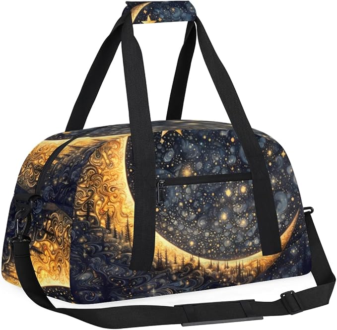 Forest Moon Gym Travel Duffle Bag for Women & Men with Front Zipper Pocket for Sports, Overnight, Weekender, Carry On,Workout & Dance Bag,Golden Moon Star,18.9 * 8.7 * 10.6 in