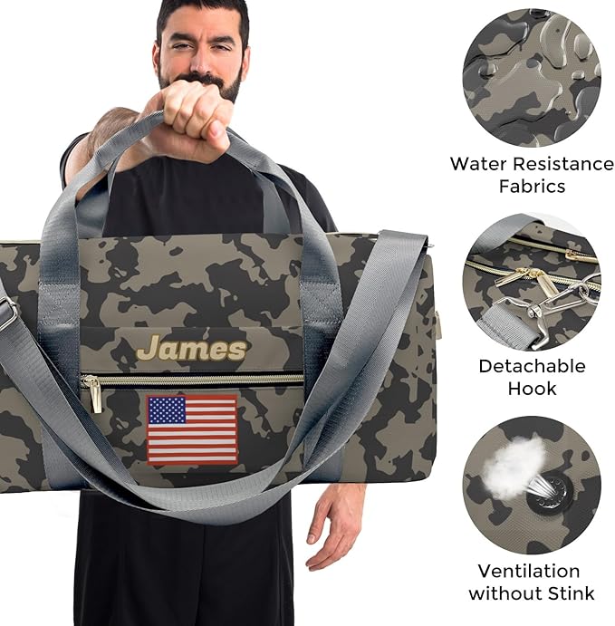 Personalized Tactical Gym Bag For Men，Custom Travel Duffel Bag with Name，Sports Workout Travel Bag with Shoes Compartment-Camouflage flag