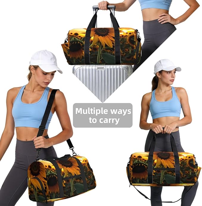 Farm Sunflower Print Gym Bag with Shoe Compartment for Women Men, 17.7in Sports Duffle Weekender Tote, Overnight Travel Duffel Bag Carry On