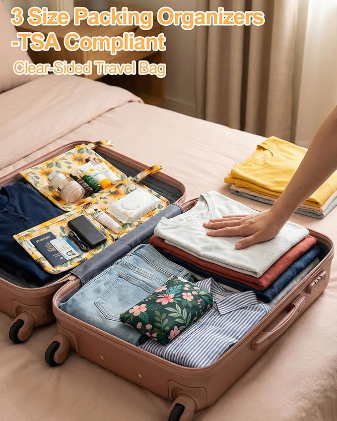 babygoal Clear Travel Organizer Bags 3 Pack, TSA Approved Mess-Proof Pouches with Snap Handle, Water-Resistant Toiletry Essentials for Baby & Mom (Sunflower)