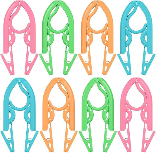 Portable Folding Clothes Hangers with Clips, Travel-Friendly Hangers, Lightweight, Durable, Compact Foldable Drying Rack for Shirts, Dresses, Coats, Pants, Towels, Baby Clothes, Pack of 12, Multicolor