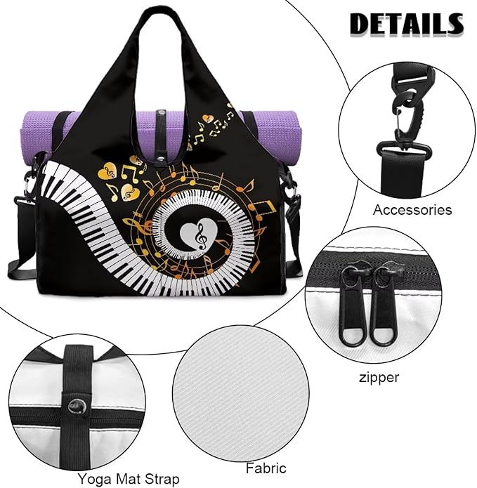 Musical Notes Heart Gym Bag for Women with Shoes Compartment and Yoga Mat Strap Large Capacity Duffle Bag for Dance Swim Travel Carry On Weekender Overnight Bags, Black