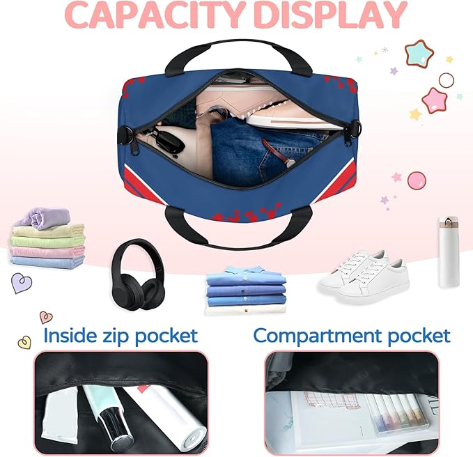 Custom Gym Dance Bag Cheerleading, Personalized Sports Bag for Teens Waterproof Weekender Carry Practice Travel Tote, Steel Blue with Red Cheer Team