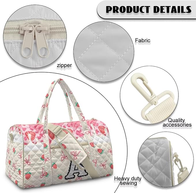 COEQINE Pink Quilted Gym Bag for Women Pink Strawberry Floral Bow Initial Name A-Z Personal Item Travel Bag Travel Duffel Bags for Men Women, Large Packable Backpack