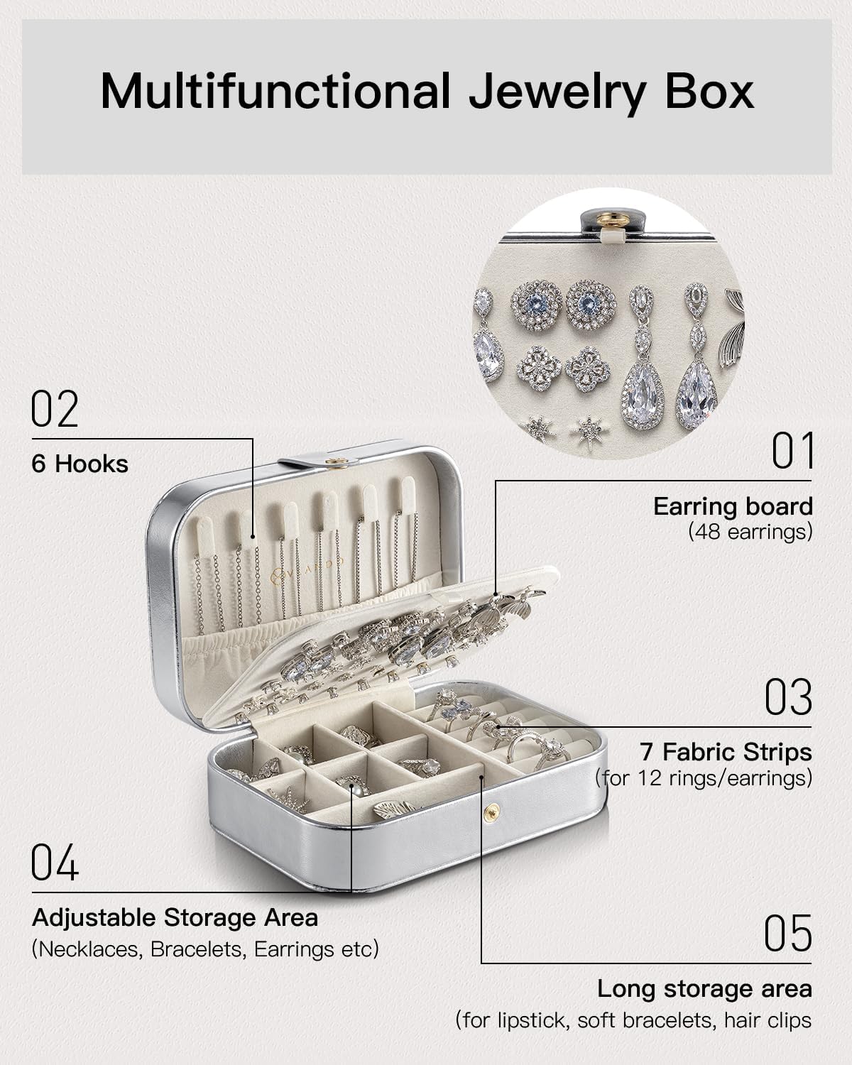 Vlando Travel Jewelry Case for Women Girls Mothers, PU Leather Portable Small Jewelry Box for Rings, Necklaces, Bracelets, Earring Holder Organizer Storage for Travel, Bridesmaid Gifts - Silver