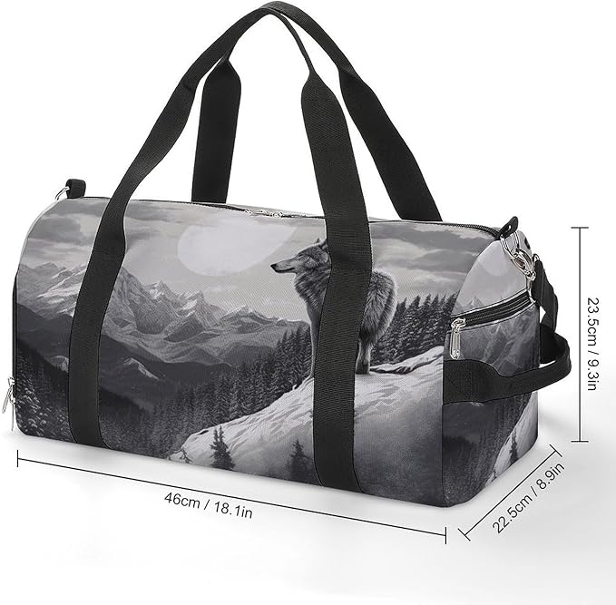 Snow Mountain Lone Wolf Gym Bag Lightweight ，Travel Duffle Bag with Shoe Compartment，Gym Bag for Women for Overnight, Weekend, Yoga, Gym, Business Trips, Sport And Hospital.