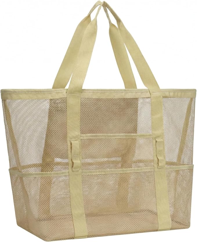 F-color Mesh Beach Bag Family - Large Tote Bag 9 Pockets for Swim Pool Toys Cruise Beach Vacation Essentials