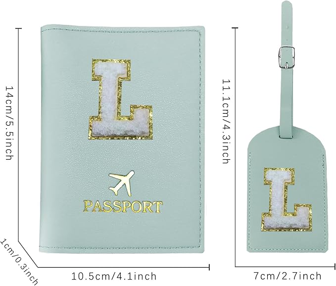COSHAYSOO Green Passport Cover and Luggage Tag Set for Kids Teen Girls Women with Her Initial Letter, Fashionable Travel Bag Backpack Suitcase Identifier Gifts Teal L