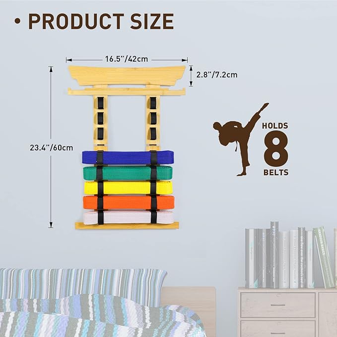 Tilhumt 8 Belt Karate Belt Display Rack with Medal Hanger and Stickers, Taekwondo Belt Display Holder, Martial Arts Belt Display Organizer for Adults, No Assembly Required (Bamboo/Acrylic)