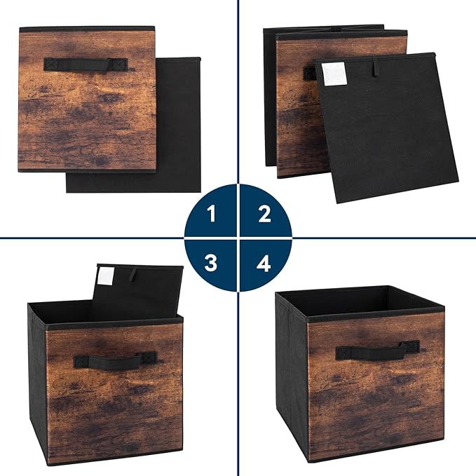 EWES 11 Inch Fabric Storage Cubes, 6 Pack Foldable Storage Bins with Handle, Storage Baskets Box for Shelves, Closet, Organizer, Brown Black