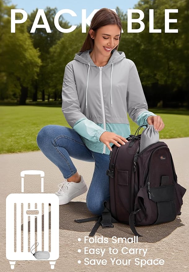 Zando Lightweight Rain Jacket Women Waterproof - Raincoat for Women Packable Rain coat Hooded Windbreaker for Travel Outdoor