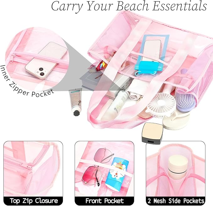 Iridescent Clear Beach Bag for Women, Large Pool Tote Cruise Vacation Essentials - Waterproof, Zipper Closure