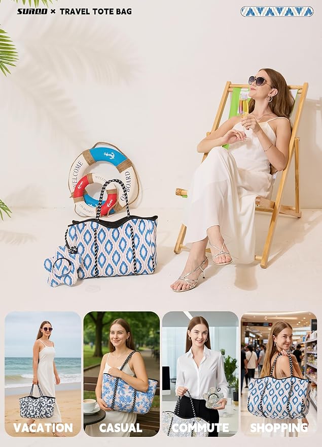 Neoprene Tote Bag for Women, Large Travel Beach Bag with Detachable Pouch, Stylish Lightweight Everyday Carryall