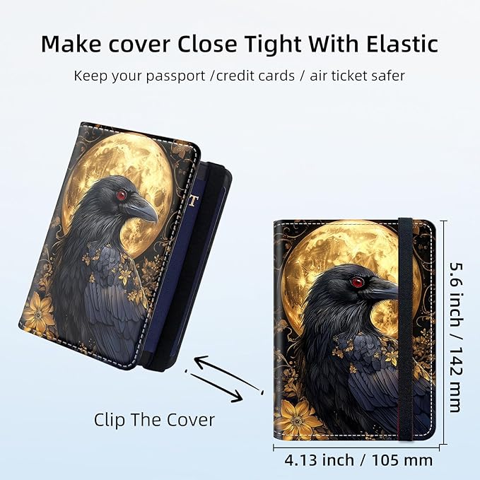 RFID Security Premium Passport and Travel Document Holder Combo, Slim PU Leather Folio Wallet with 3 Card Slots & Boarding Pass Pocket, Secure Elastic Closure Organizer, Black Crow Full Moon