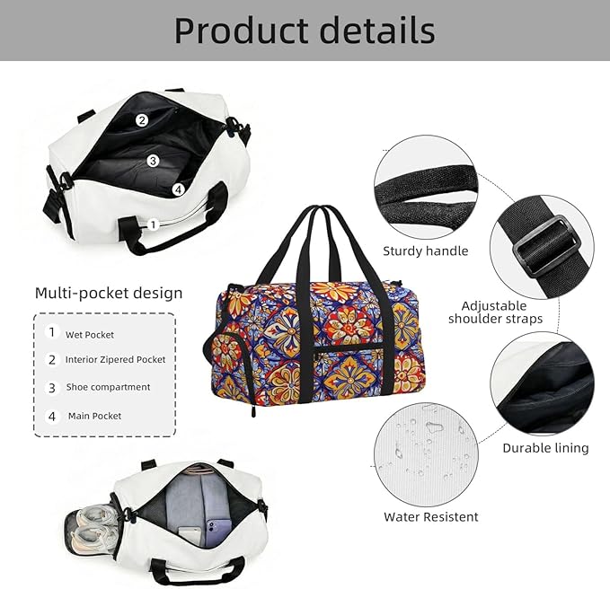 Sports Gym Bag Traditional Mexican Mandala Floral Travel Duffel Bag With Shoe Compartment Shoulder Strap, Lightweight Water-Resistant Weekend Overnight Totes For Women Men