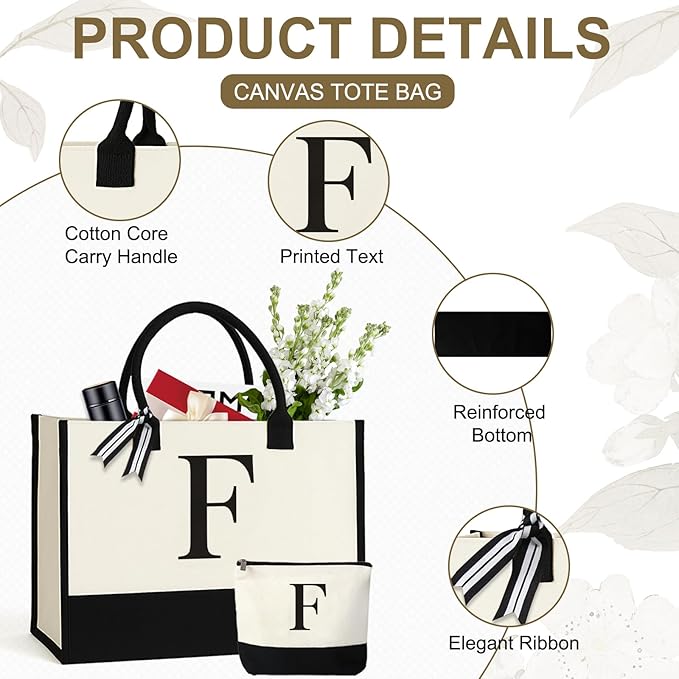 Personalized Canvas Tote Bag for Women Makeup Pouch Initial Beach Bag Removable Bottom Board for Travel Birthday
