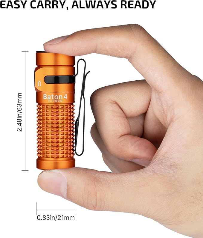 OLIGHT Baton4 Rechargeable EDC Flashlight, Bright Small Flashlight 1300 Lumens with MCC Charging Cable, IPX8 Waterproof, Multiple Modes Pocket Light for Home, Camping, and Emergencies (Orange)