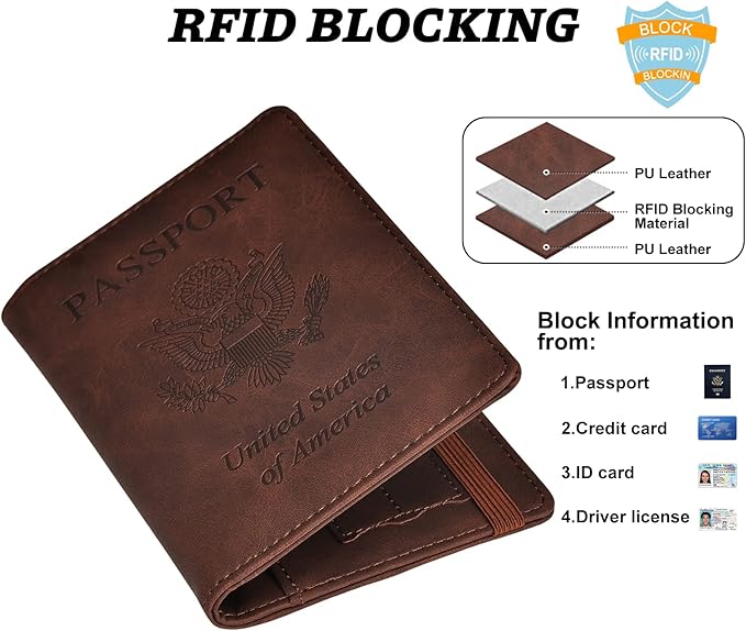 HerriaT Passport and Vaccine Card Holder Combo,Cover Case with CDC Vaccination Card Slot, Leather Travel Documents Organizer Protector, with RFID Blocking, for Women and Men