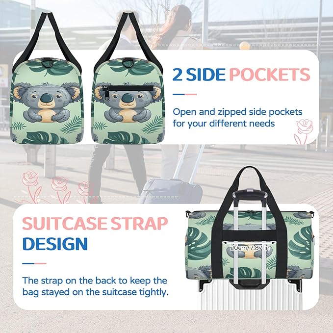 Palm Leaf Koala Travel Duffle Bag for Women Men, Overnight Weekender Bag, Carry on Tote for Sport Gym
