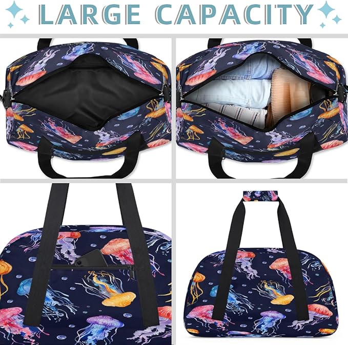 Sports Duffel Bags, Colorful And Cute Jellyfish Water-Resistant Gym Duffle Bag for Men Women, Lightweight Weekender Overnight Bag for Fitness, Workout, Travel